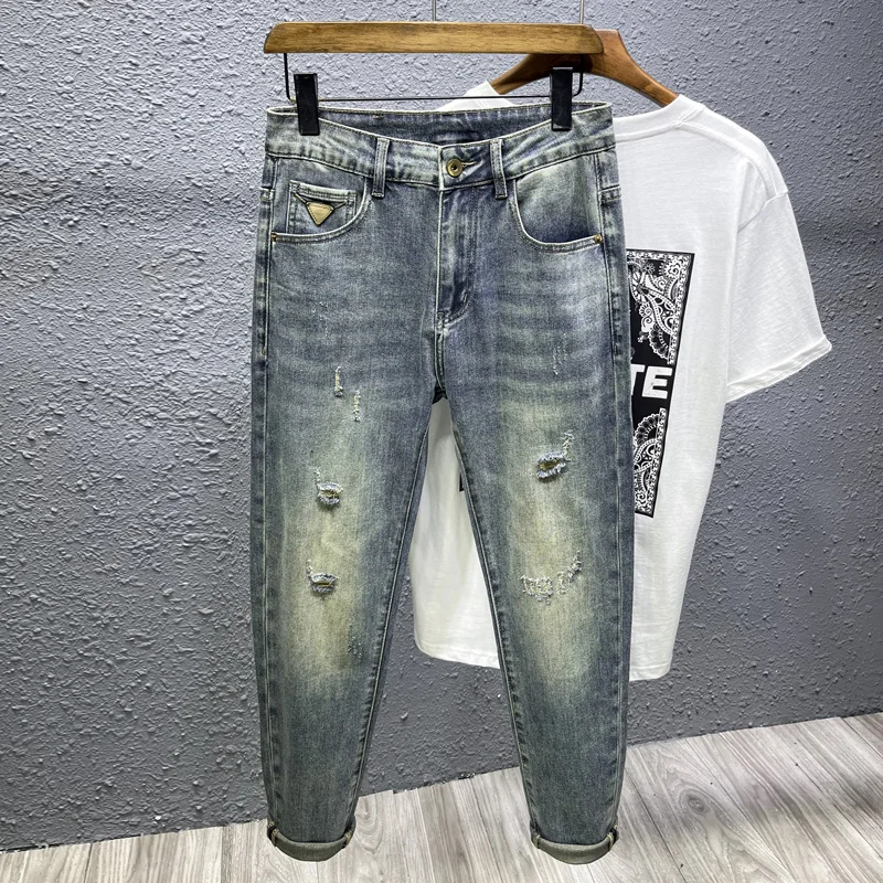 Spring and summer New nostalgic ripped elastic ankle-length pants dark blue casual fashion design men's jeans slim-fitting small