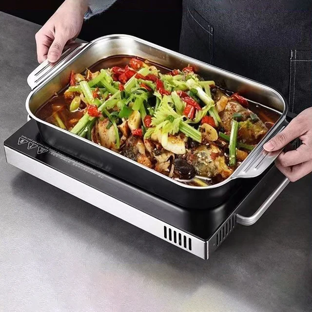 Large Capacity Stainless Steel Fish Deep Plate Both Gas and Induction Cooker BBQ Fried Beef Food Tray Seafood Dish Bbq Plate 4