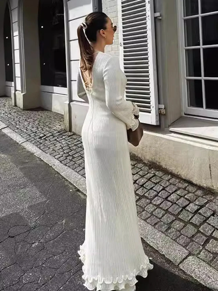 Solid Long Sleeve Slim Maxi Fungus Dress For Women Backless Elegant Long Dress Club Party Clothes Autumn Winter 2025 New