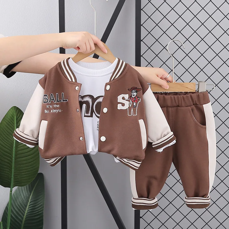 

New Boys Baseball Set Single Breasted Jacket+long Sleeved T-shirt+sports Pants 3pcs Boys Casual Sports Suit Spring & Autumn