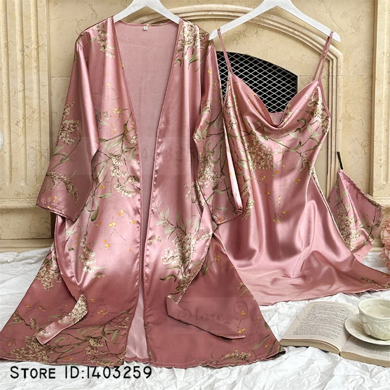 Women Sleepwear Female Twinset Robe Set Cherry Flower Bathrobe Sleepwear