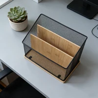 Bamboo Base Iron Wire Mesh A4 File Rack - Multi-Layer Desktop Document Organizer with Multiple Compartments 3