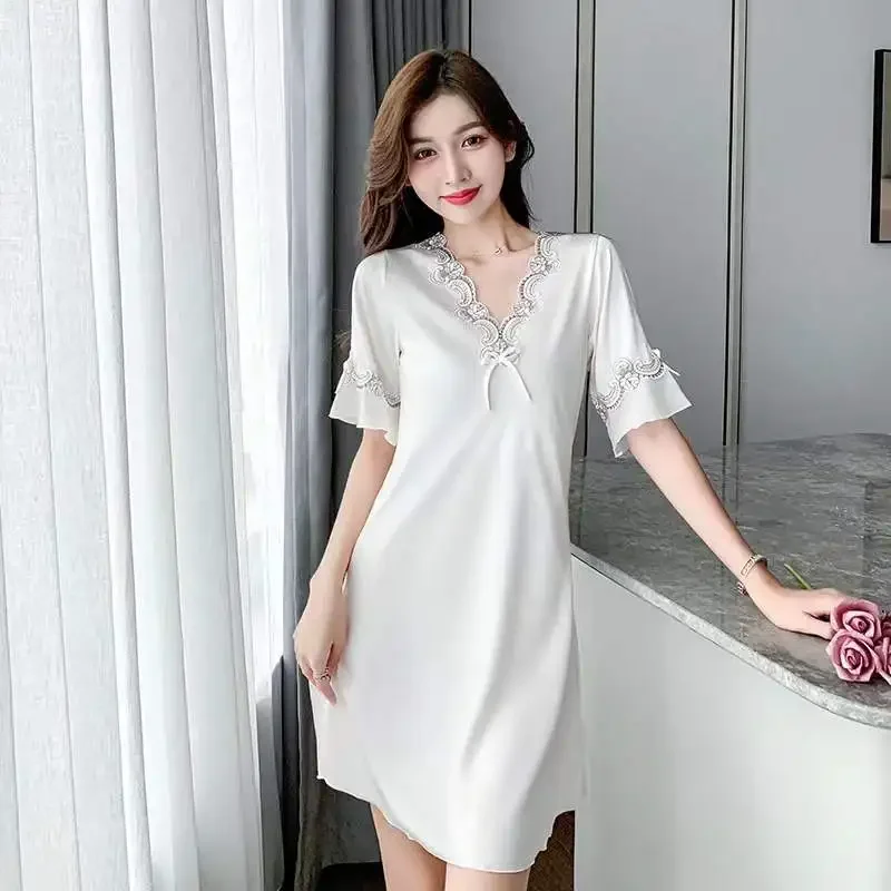 Ladies Sexy Pajamas Silk Embroidered Bow Nightdress Spring Summer Ice Silk Thin Solid Color Comfortable Homewear Sexy Sleepwear