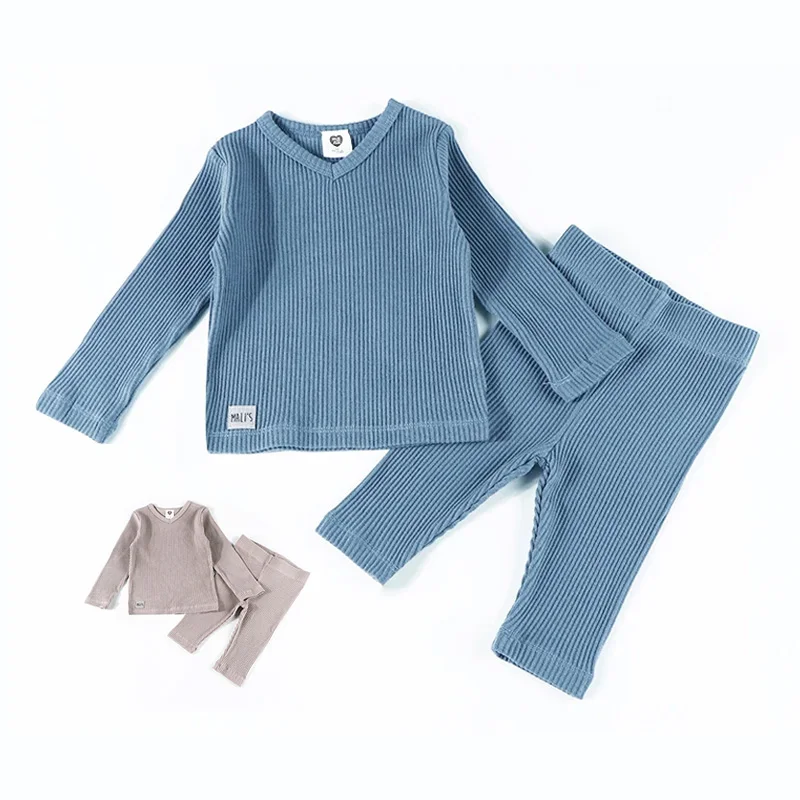 남여 여아 소년 잠옷 긴 소매 탑 & 바지 부드러운 면화 늑골이있는 잠옷 2 Pcs Pjs 세트  v 넥 옷 Snug Fit Set