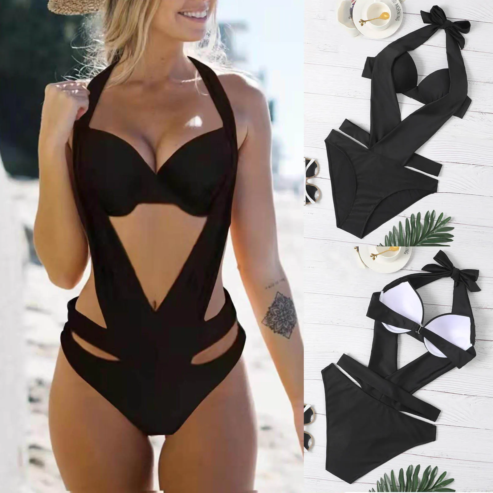 2022 Summer Bikini For Women One Piece Swimwear Female Sexy V Neck Halter Bathing Suit Ladies