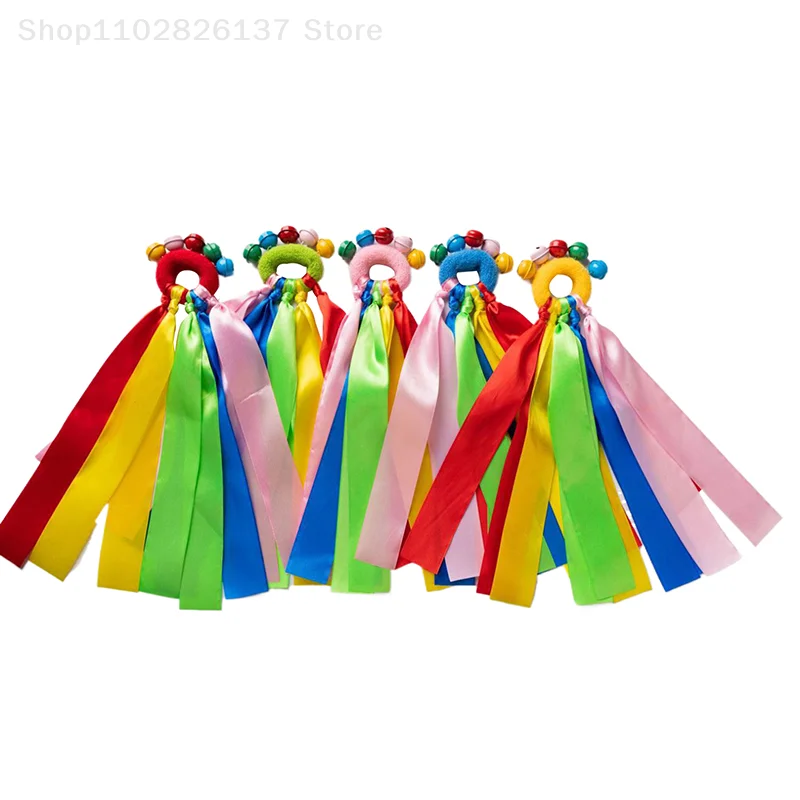 1pcs Kids' Wrist Ribbon Team Sports Pompon With Bell Coloured Ribbon Elastic Rope Cheerleading Match Club Dance Props Bracelet