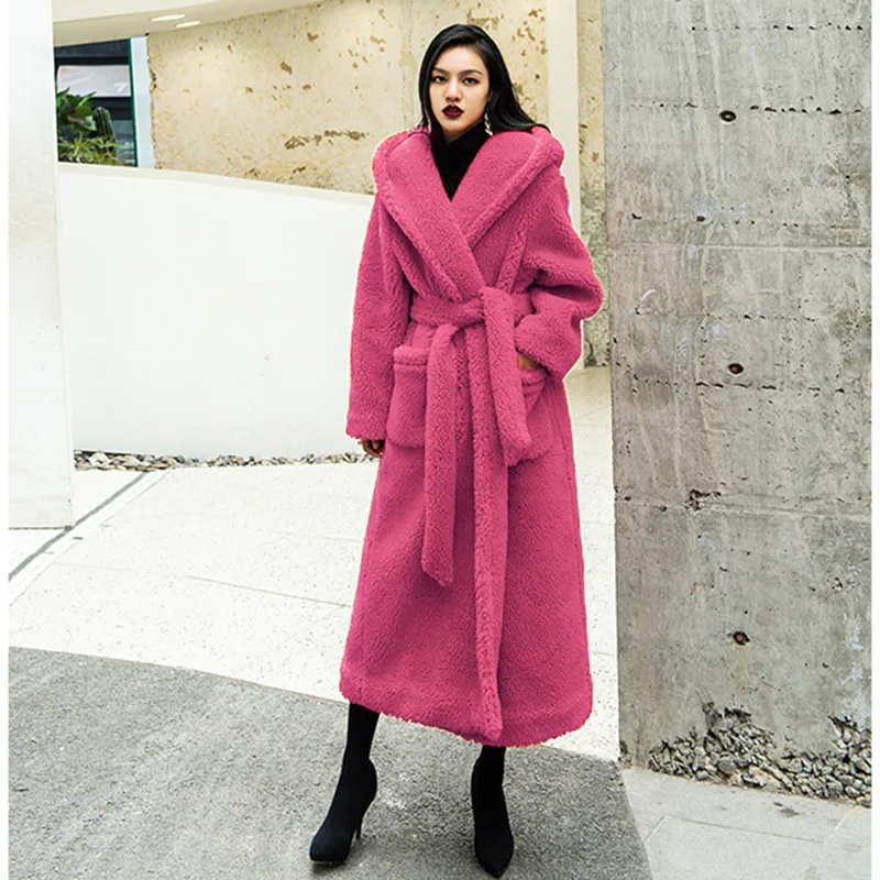 New Faux Fur Coat Women Warm Long Fur Coats Fluffy Jacket Luxury Brand Pockets Suit Collar Lace-up Chic Robe Solid Long Sleeve