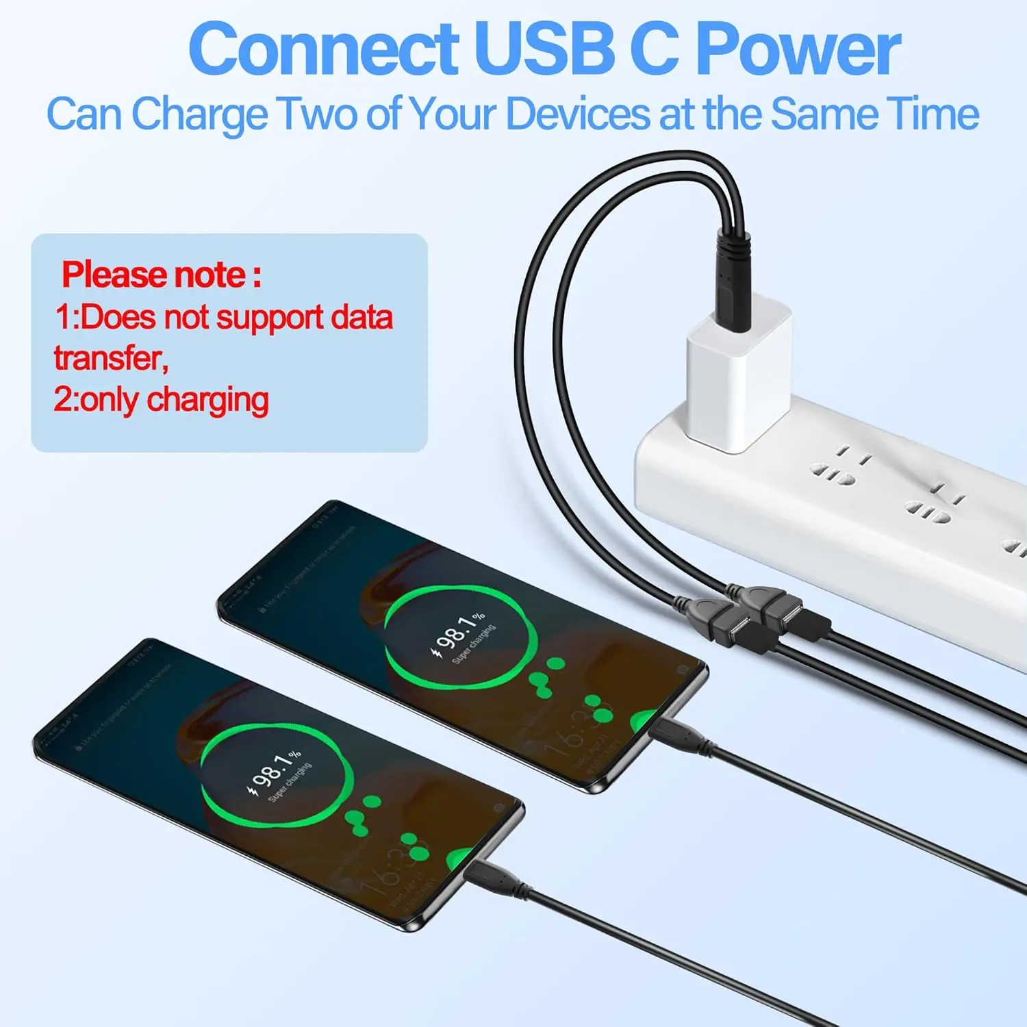 USB C타입(수) - 듀얼 USB 2.0 A타입(암) Y형 분배기 충전 어댑터 2 in 1 고속 충전 케이블 (차량용 팬, 휴대폰, LED 조명용)