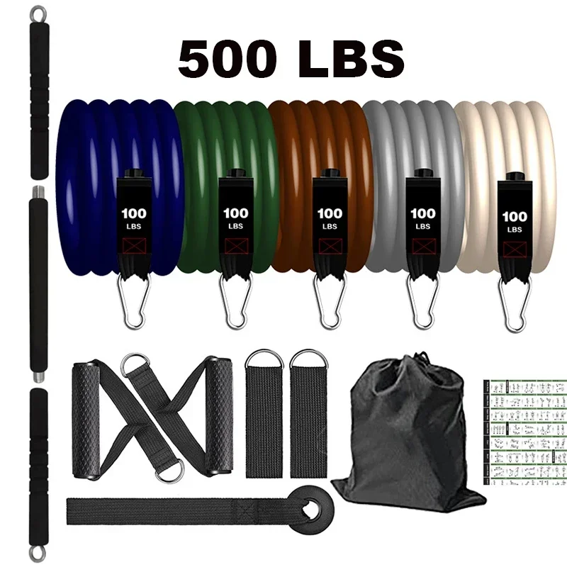 

500LBS Resistance Bands 3-Section Non-slip Fitness Stick Portable Pilates Bar Kit Elastic Bands for Exercise Home Gym Equipment