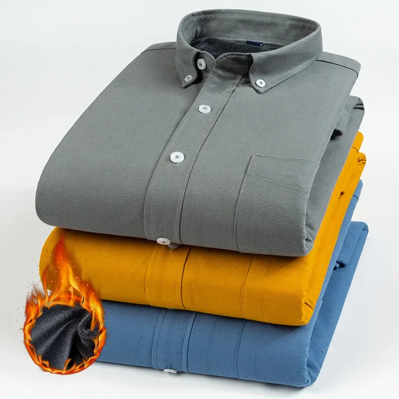 

New plush pure cotton Oxford spun shirt for men, warm and simple casual long sleeved solid color thickened men's shirt