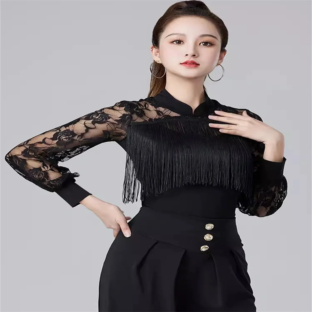 

Тренировочная одежда для латиноамериканских танцев, новинка 2024, продвинутая Женская кружевная рубашка для современных танцев с длинными рукавами для взрослых