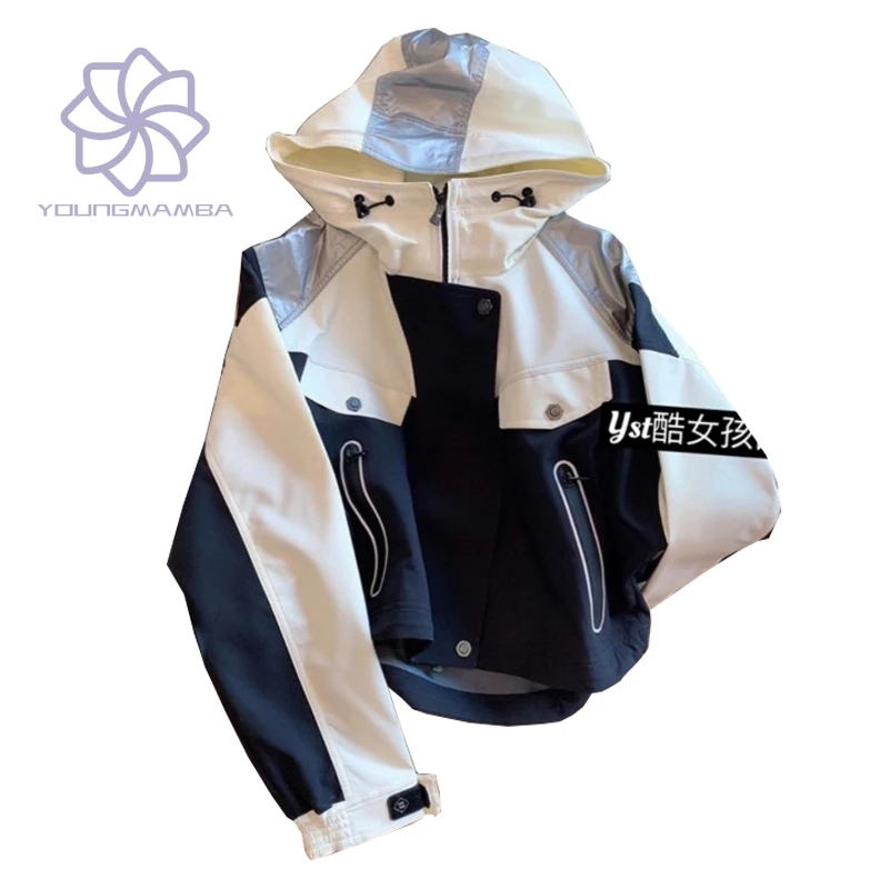 

Куртка-бомбер женская с капюшоном, Повседневная Свободная уличная одежда контрастных цветов в стиле пэчворк, весна-осень