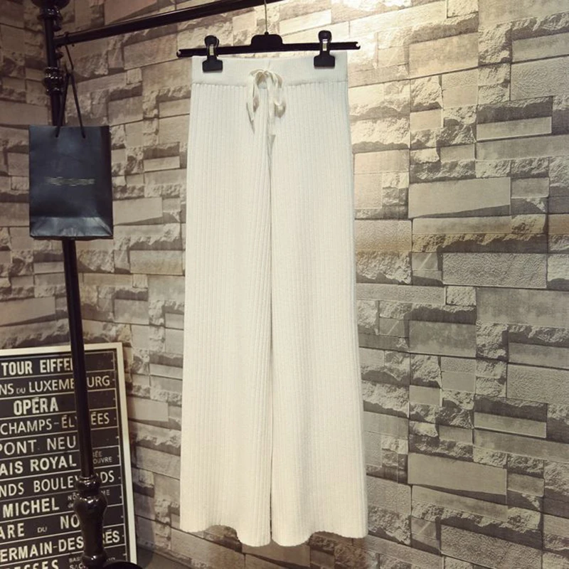 

2023 Autumn Winter Women Knit Pants High Waist Slim Lace-Up Thicken Wide Leg Pants Casual Loose Elastic Waist Warm Drop Trousers