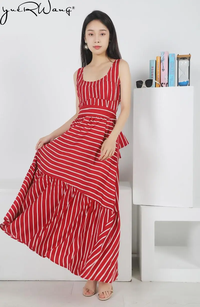 

YuerWang Women Striped Dress 2023 summer beach dress Bohemia Dress Sexy Long Maxi Dresses Bow Lace Up Ruffles Long Summer Dress