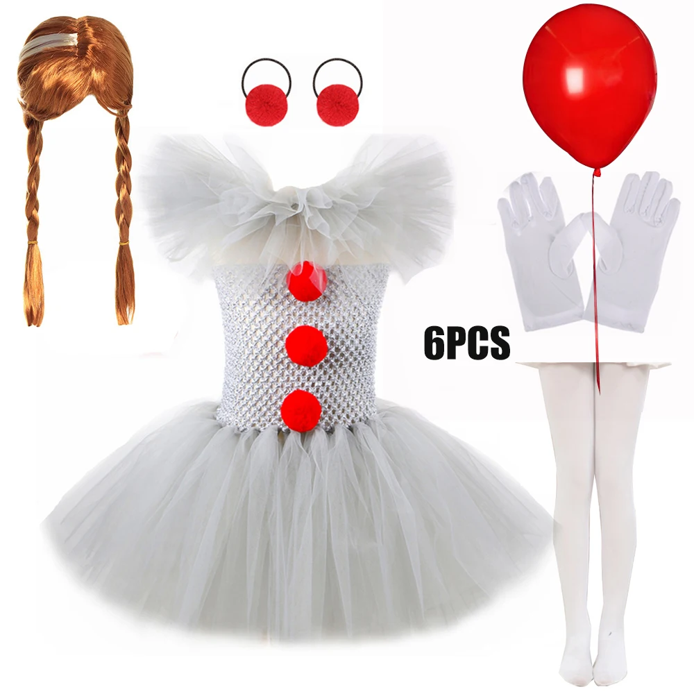 thumbnail image 1 of Disfraz de payaso de Halloween para niñas, vestido de tutú para niños de 2 a 12 años, ropa gris de fantasía para carnaval, conjuntos de Cosplay de Joker para fiesta, 1 of 5