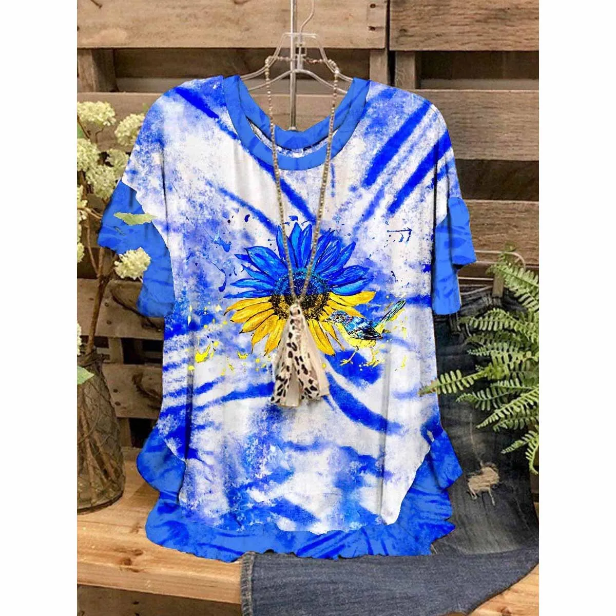 

New Female Blue Tie Dye T-shirts Sunflower Logo Fashion y2k Clothing O-neck Short Sleeve Sexy Streetwear Tops Summer Streetwea