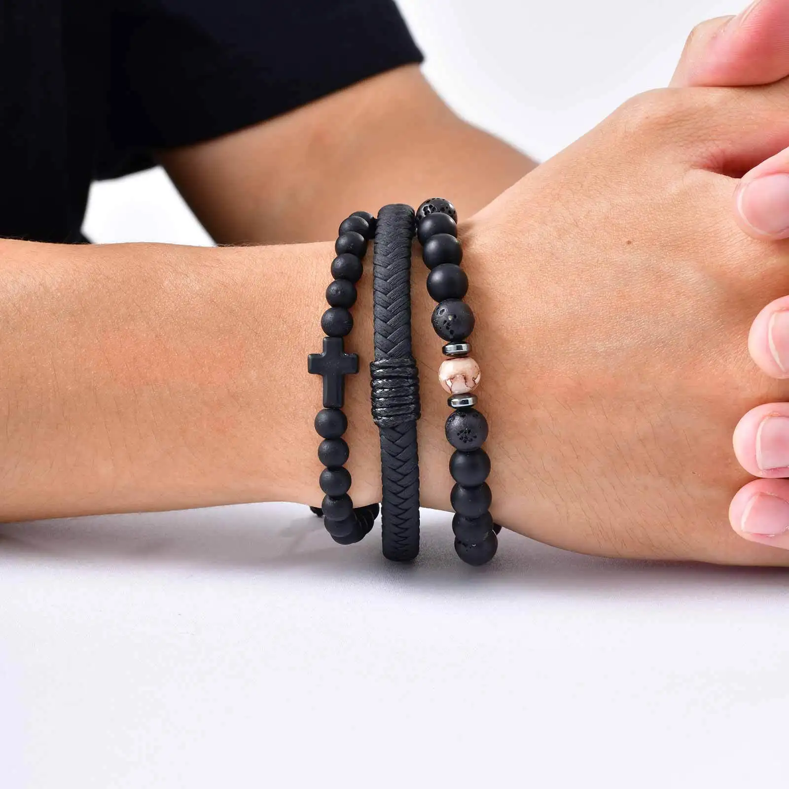 3pcs Punk Men's Bracelet,Black Color Natural Stone Beaded Bracelet,Cross Charm Wristband Gift