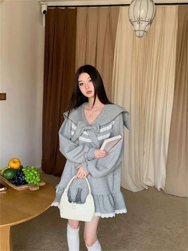 Bow Tie Loose Slimming Long Sleeved Dress New Sweet Girl Ruffled Hoodie Short Skirt