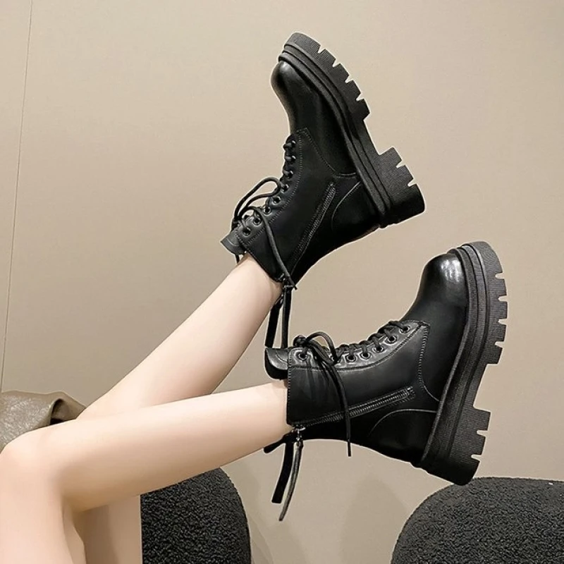 Women Boots Thick Heel Zipper Snow Boots Female Plush Keep Warm Leather Mid Calf Boots Non Slip Platform Boots for Woman Fashion