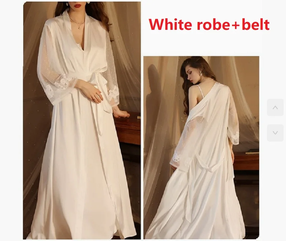 New Women Sexy Lace Nightgown Long Kimono Bath Gown Loose Suspender Nightdress Intimate Lingerie Wedding Bride Robe Set