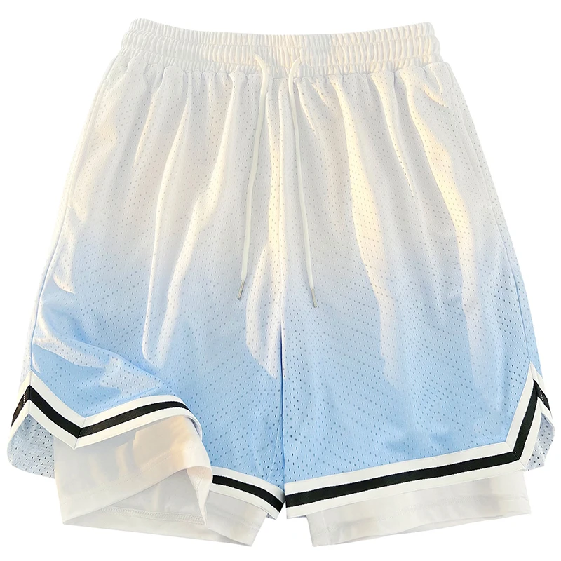 Fashion Elastic Spliced Gradient Fake Two Pieces Casual Shorts Men's Clothing 2024 Summer Loose High Waist Knee Sports Shorts