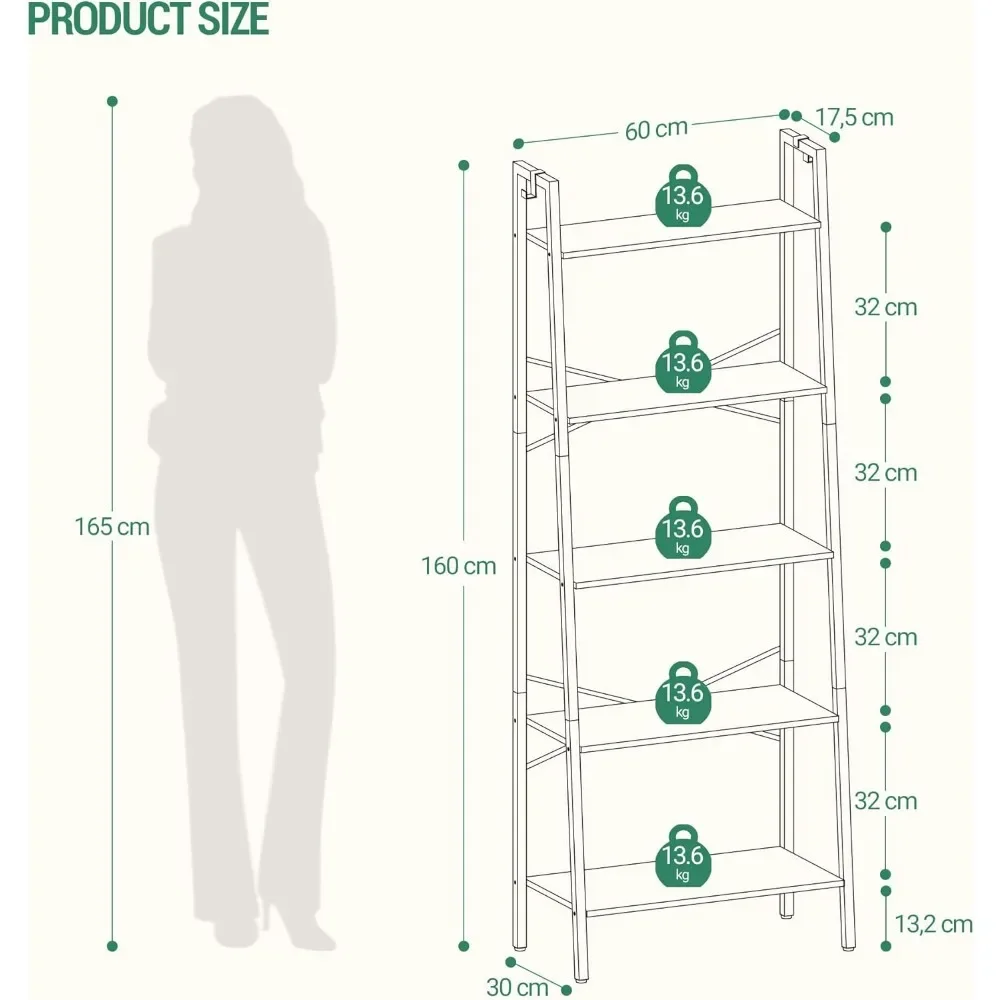 Bookshelf, Ladder Shelf, Freestanding Corner Storage Shelve with 2 Hooks for Home Office, Living Room, 5-Tier Black Bookcase 2