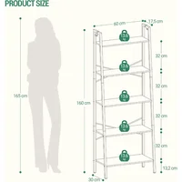 Bookshelf, Ladder Shelf, Freestanding Corner Storage Shelve with 2 Hooks for Home Office, Living Room, 5-Tier Black Bookcase 2
