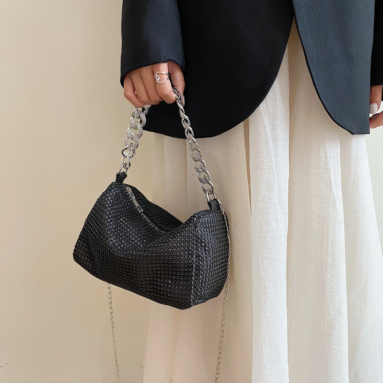 Modische Damen-Einkaufstasche, schicke Bankett-Tasche, stilvolle Umhängetasche mit hellem Diamant, modische Handtasche mit glänzenden Diamanten, Umhängetasche – Detail 14