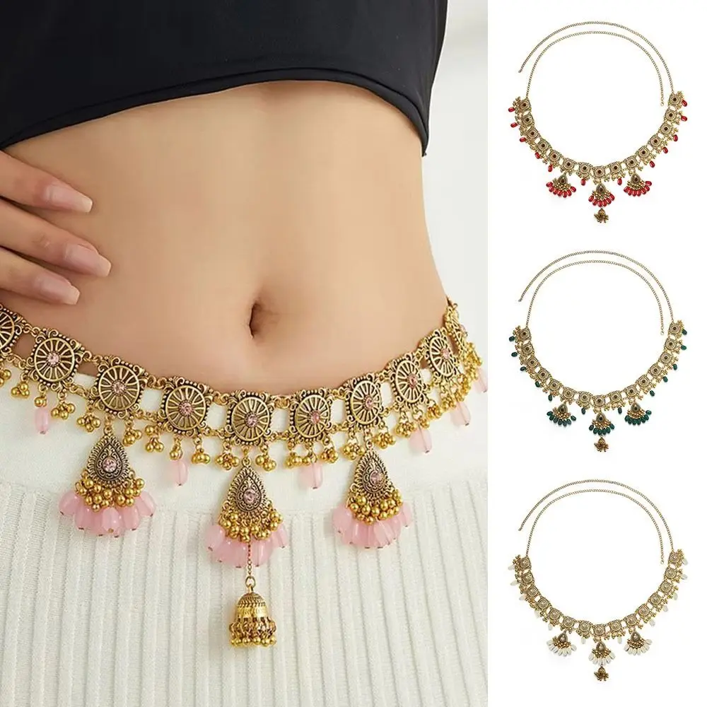 Vintage Bohemian Belly Chain Bell Pendant Handmade Waist Chain Resin Beads Chain Women