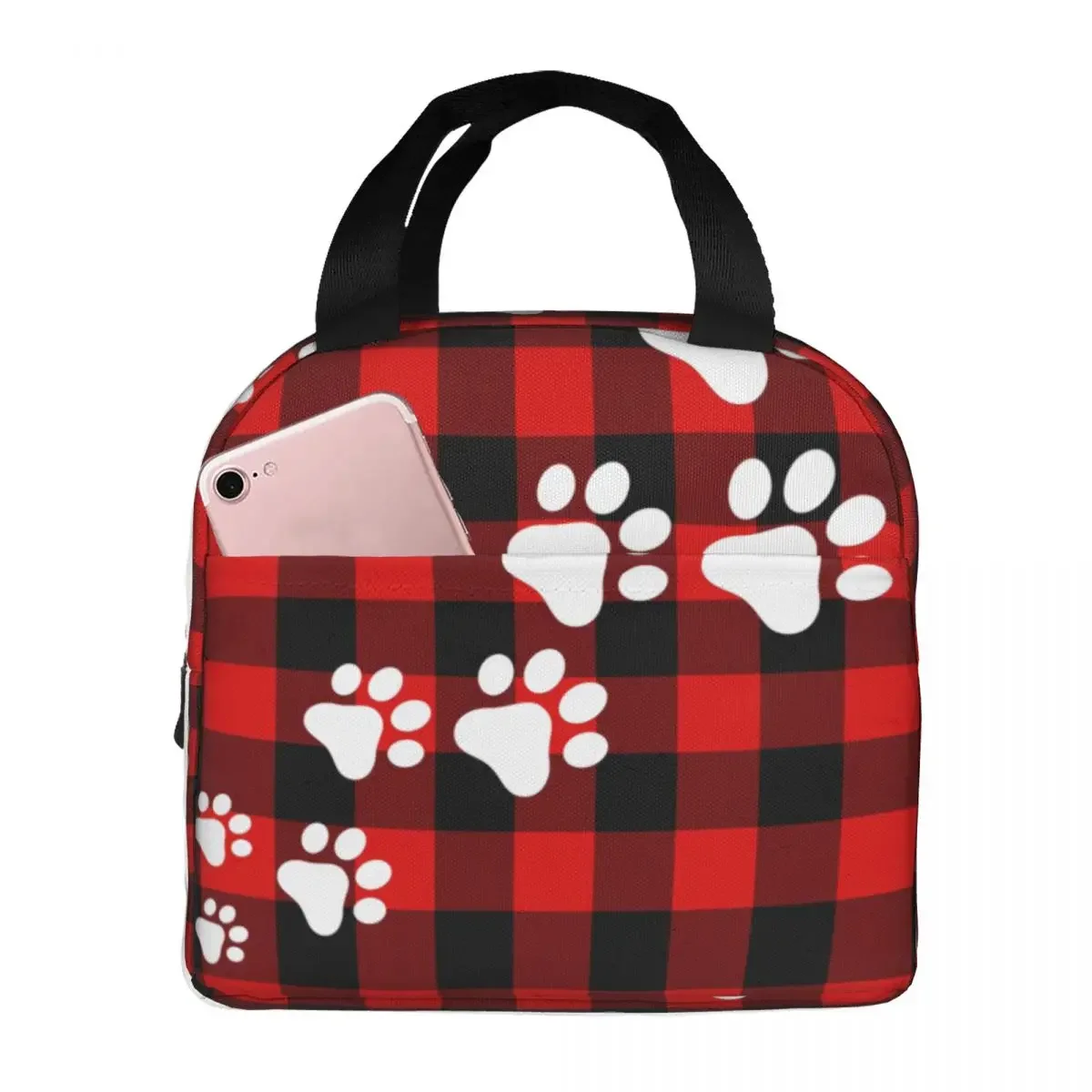 

Lunch Bags for Women Kids Cute Snow Dog Paws Red Black Check Thermal Cooler Portable Picnic Travel Oxford Tote Handbags