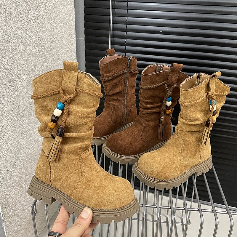 Girls Mid-calf Leather Boots Retro Style Children Fashion Boots Side Zipper Tassel Kids Chelsea Boots 2025 Autumn Winter New