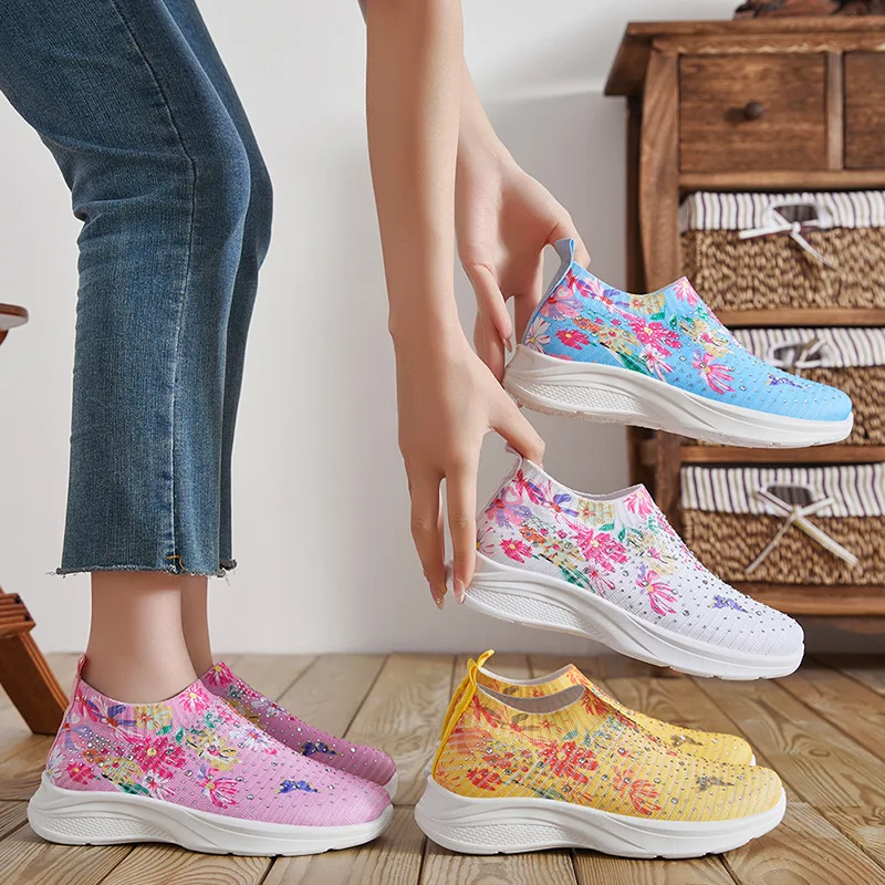 Women's Printed Knitted Sports Shoes 2024 Breathable Sports Shoes Women's Flat Shoes Women's Plus Size 41 Driving