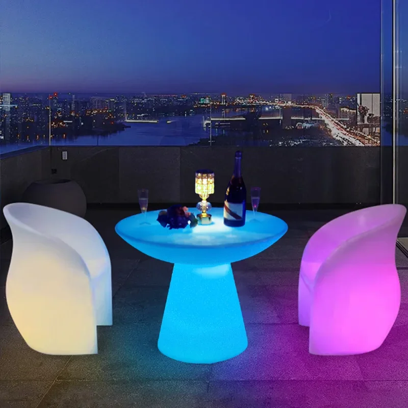 LED Bar Table Advanced Colorful Remote Control Bar Tabl e and Chair Luminous Furniture Round Dining Ta ble Coffee Tab le