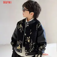 Korean Kids Autumn Spring Pu Clothes Baby Boys Faux Leather 3D Embroidered Bird Jacket Coat Casual Zipper Tops Outerwear 2-11 Y