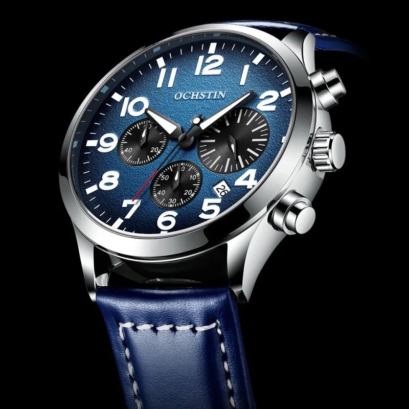 OCHSTIN Chronograph Watch Quartz Analog Clock Men Leather Strap Fashion Sport Wristwatch Stop Watch Auto Date 42mm Free Shipping