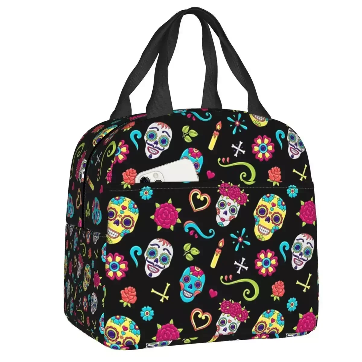 

2024 New Day Of The Dead Sugar Skull Pattern Lunch Box For Mexican Thermal Cooler Food Insulated Lunch Bag Kids School Children