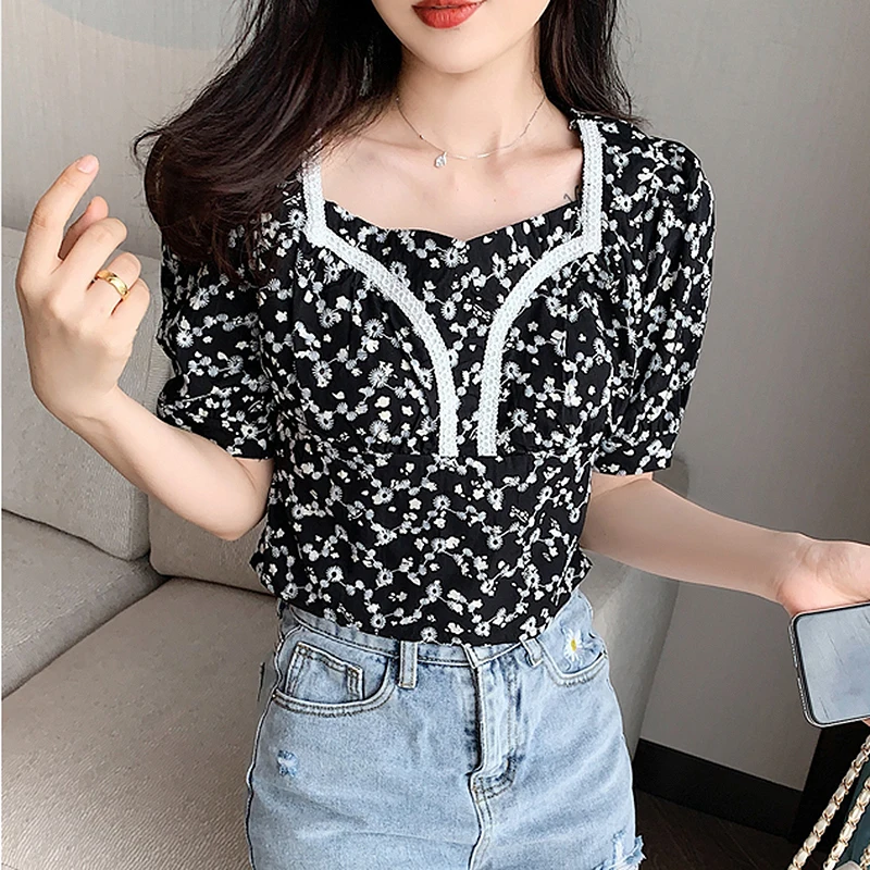 

GGRIGHT Women Clothing 2022 Vintage Embroidery Crop Top Camisas De Mujer Bluzki Damskie Slim Black Blouses Tops Chemise Femme