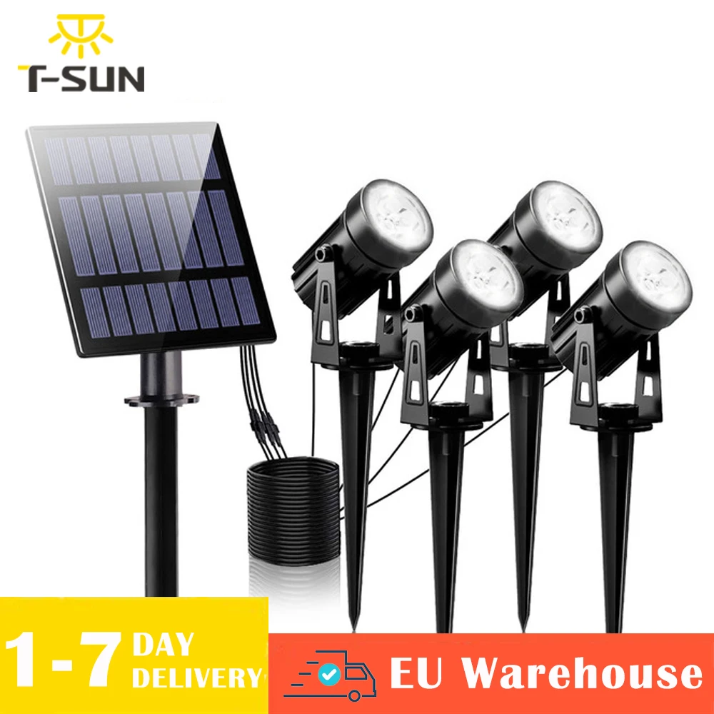 T-SUN-Waterproof Solar Power Garden Light, Outdoor Solar Spotlight, Super Bright Adjustable Lawn Lamp, 3000K, 6000K