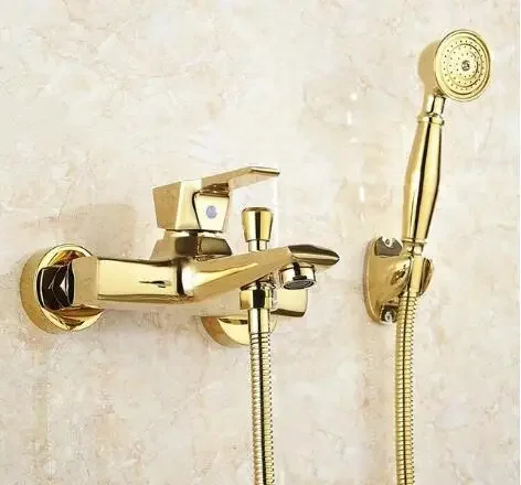 

Vidric Brass Gold Plated Bathtub Faucet With Hand Shower, Wall Mounted Bathroom Bath Shower Faucets Mixer Tap Torneiras