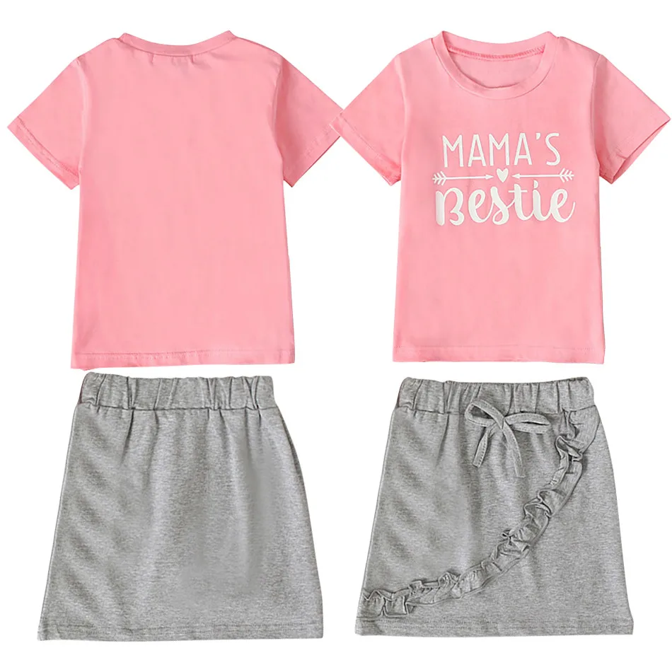 

Футболка с коротким рукавом для девочек, розовый топ + серая короткая юбка, комплект детской одежды из двух предметов, повседневный Женский комплект с коротким рукавом, новинка