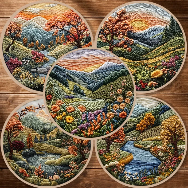 Beautiful Embroidery Paintings Landscape Flowers and Birds Pattern DIY Embroidery Materials with 15cm Round Frame