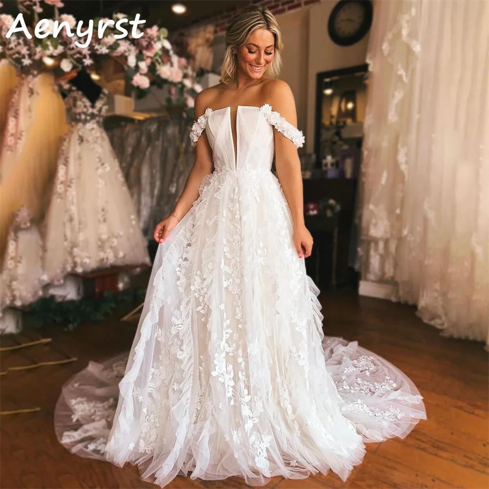 

Aenyrst Elegant Off Shoulder A Line Wedding Dresses Lace Appliques Court Train Bohemia Bridal Gowns فساتين سهره Custom Made 2024