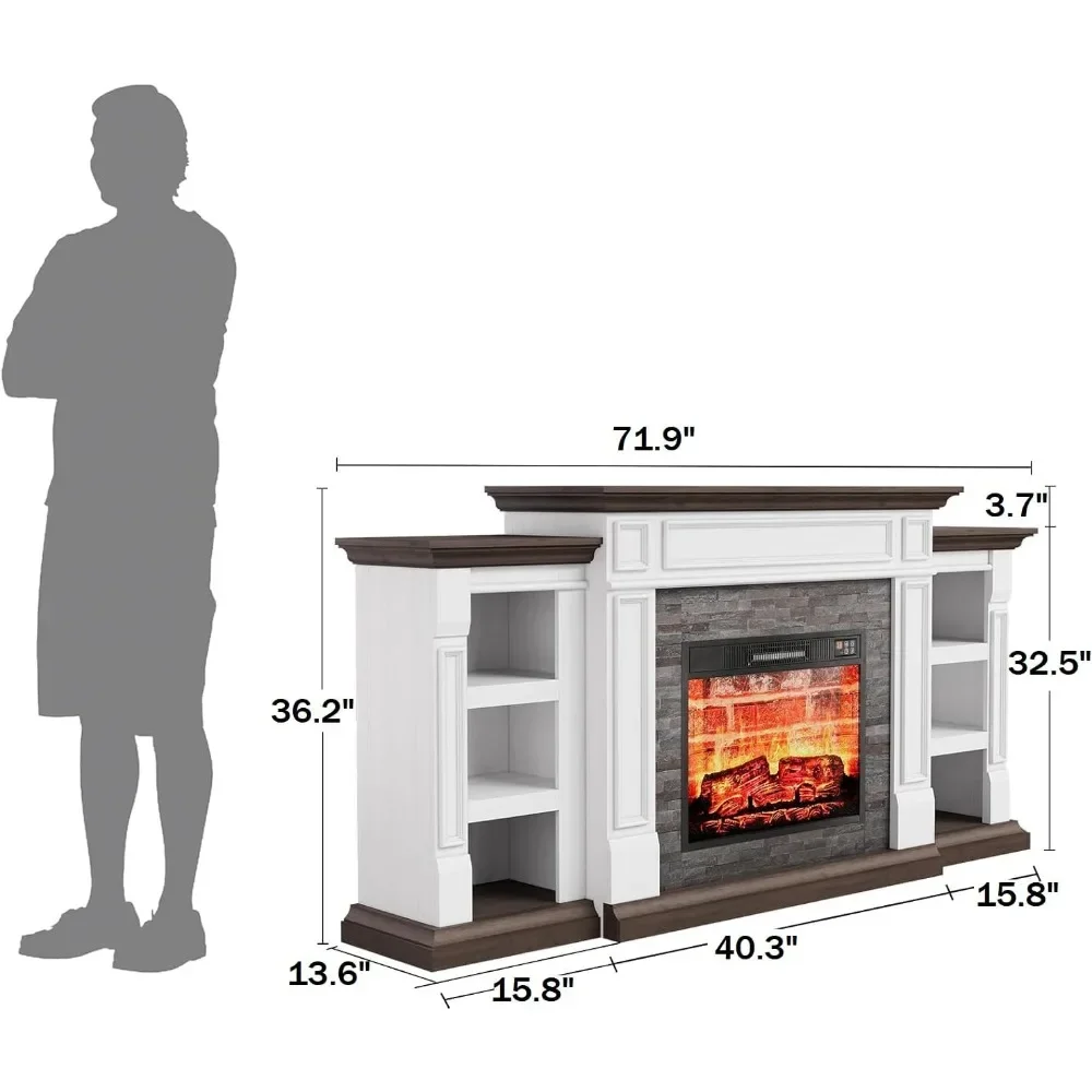 70" Electric Fireplace with Mantel and Cabinets, Fireplace TV Stand for Living Room Bedroom, Stacked Stone Surround 6