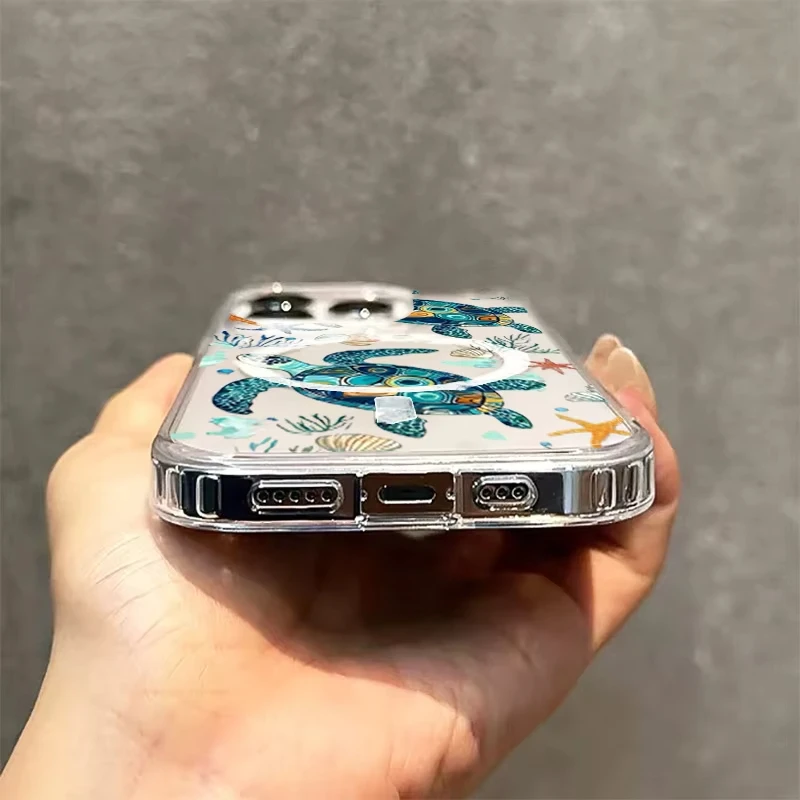 Sea Turtle & Sea Star Magnetic Clear Phone Case - Elegant Hard Cover
