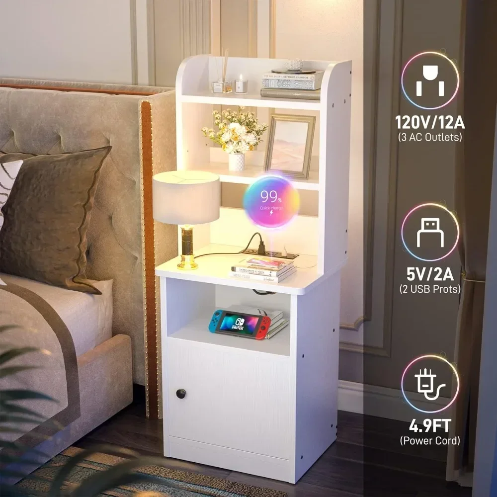 

Tall Nightstand with Charging Station and USB Ports - 47" Tall Bedside Table with Adjustable Bookshelf, White, End Table