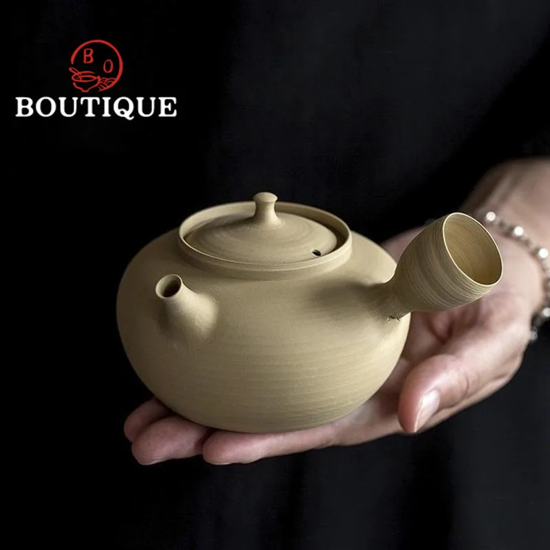 

Retro Quarterly Kiln Pottery Teapot Japanese White Mud Sand Side Handle Pot Pure Handmade Boil Water Kettle for Carbon Stove
