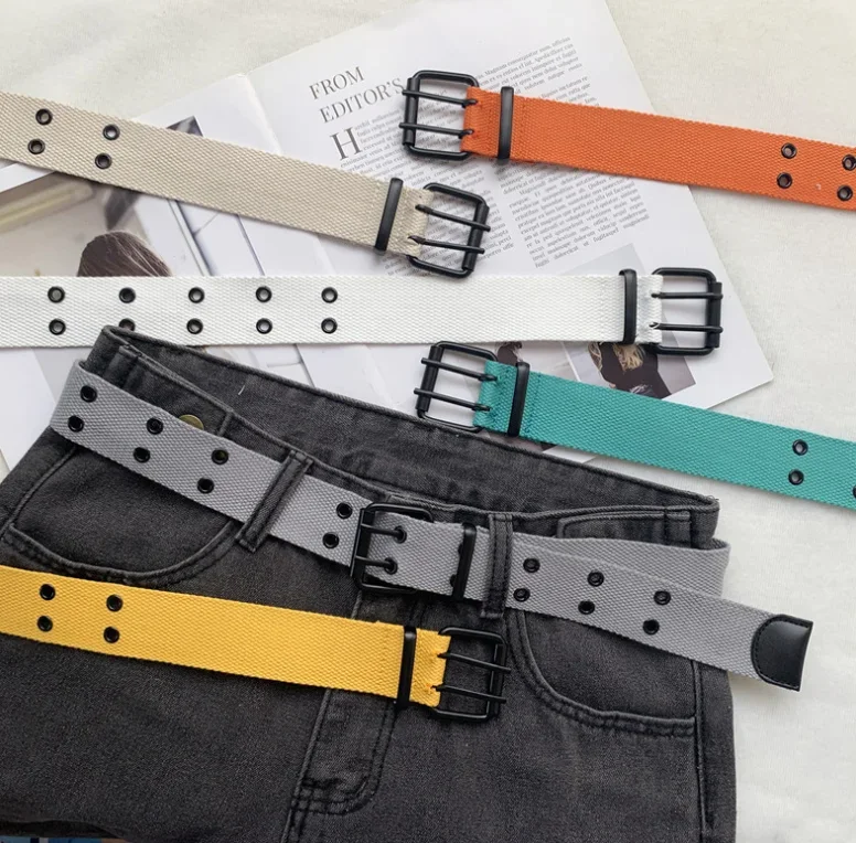 Fashion Contracted Style Double Grommet Hole Buckle Belt Wide Canvas Web Belt Female Male Waist Strap Belts for Women Men Jeans