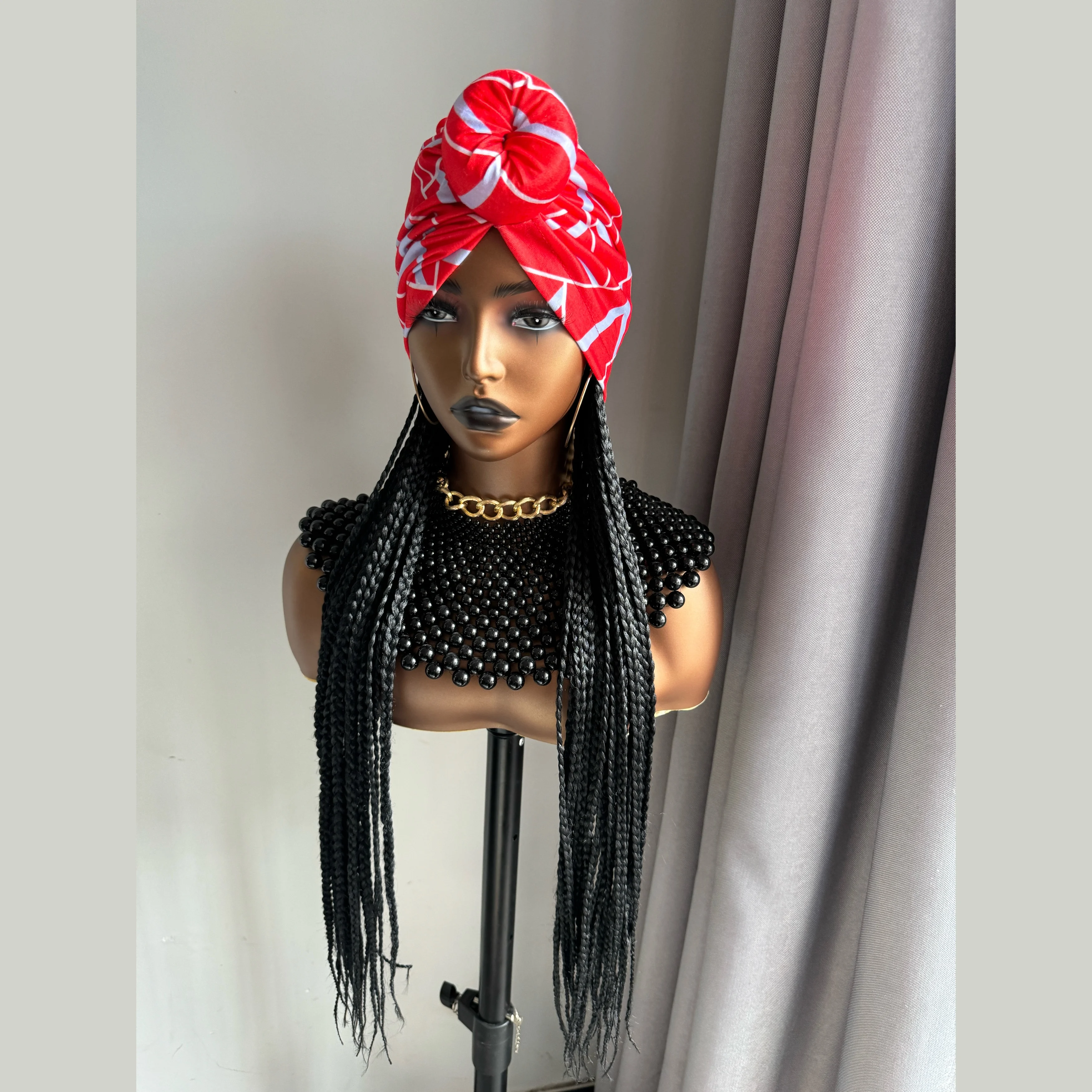 Synthetic Hair Wigs WIGERA Long 24&ldquo; Black Box Braided Synthetic Wig With Headband Turban Hat