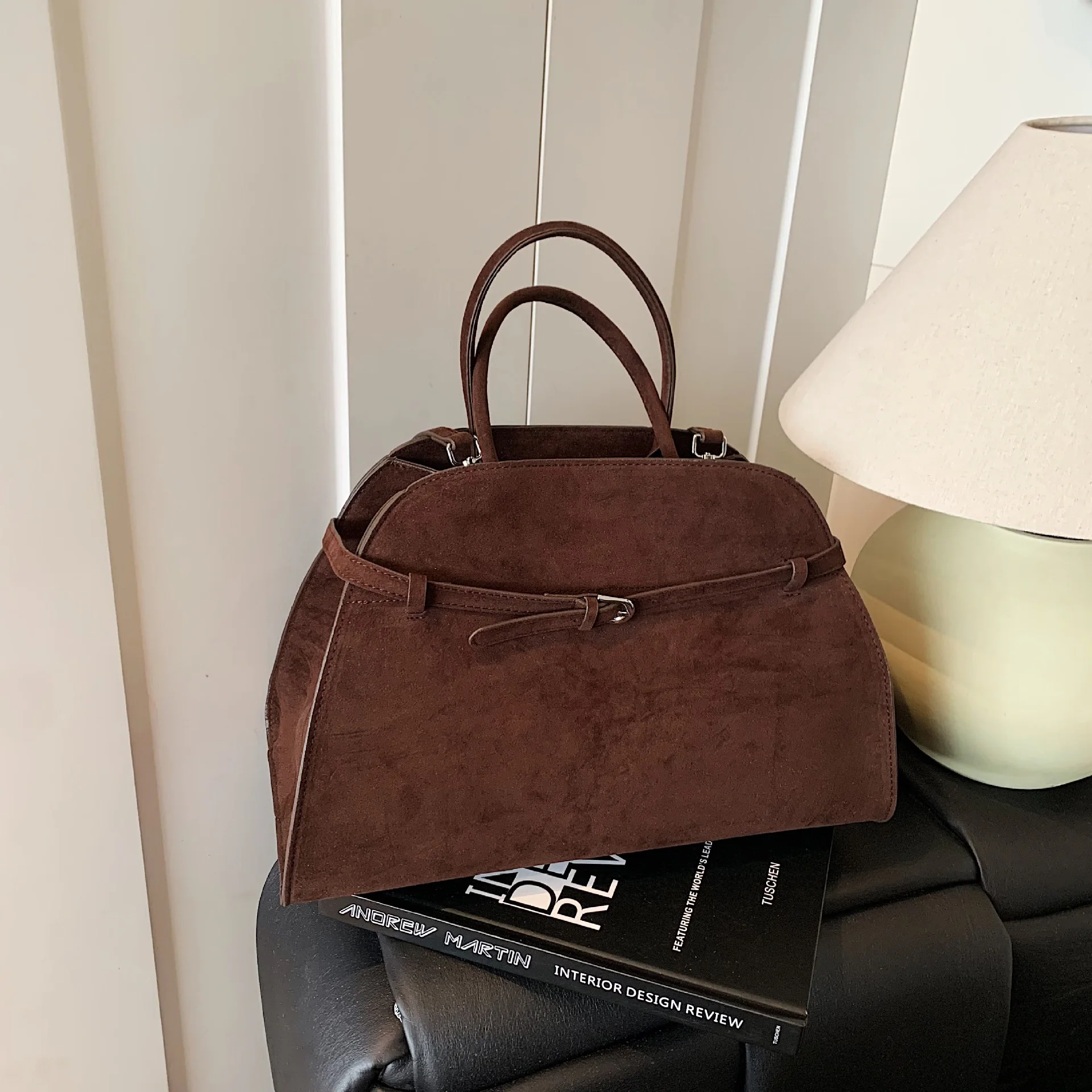 Vintage Large Capacity Faux Suede Tote Bag Designer Belts Deco Women Shoulder Bags Luxury Quality Big Handbags Trend Bucket Bag