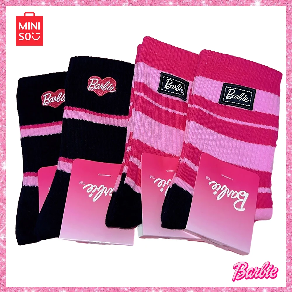 

2024 Miniso New Barbie Y2K Girls Pink Love Letter Stripe Cute Medium Socks Women Versatile Socks Birthday Gift